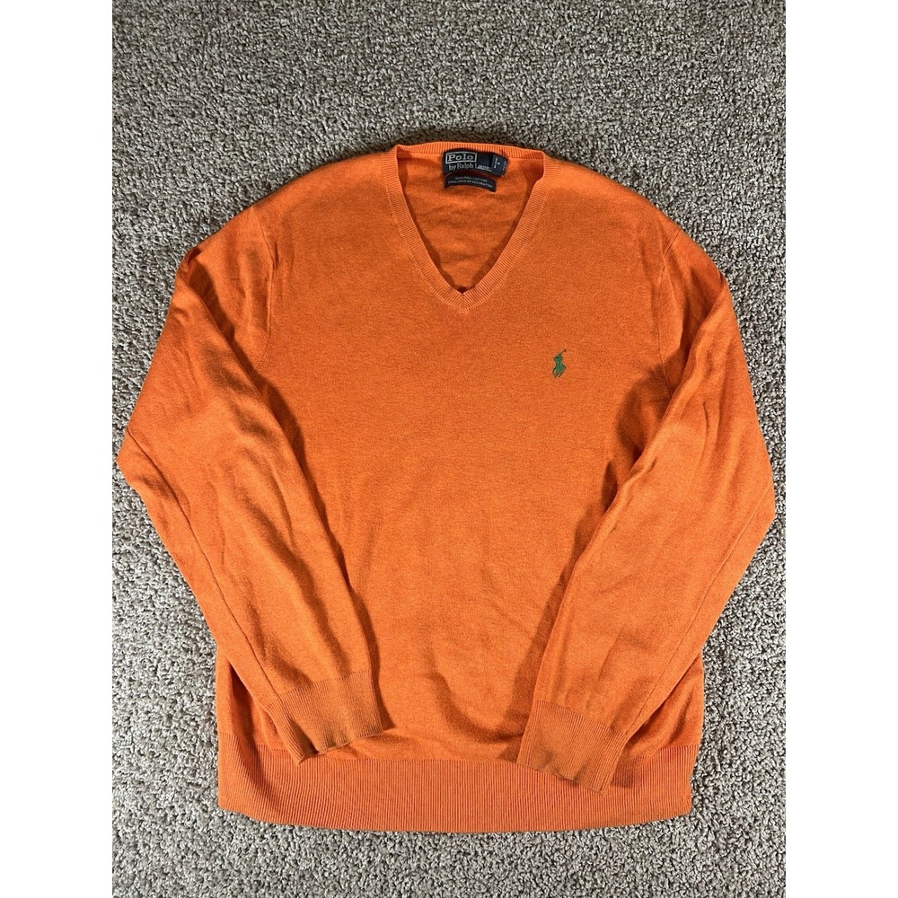Polo Ralph Lauren Sweater Men Medium Orange Pima Cotton V Neck Knit Lightweight